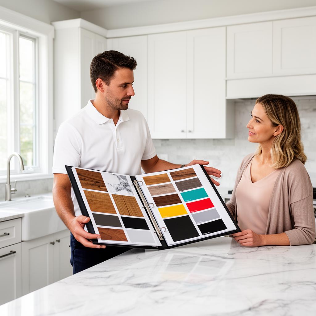 Specialist showing wrap finish samples to a homeowner