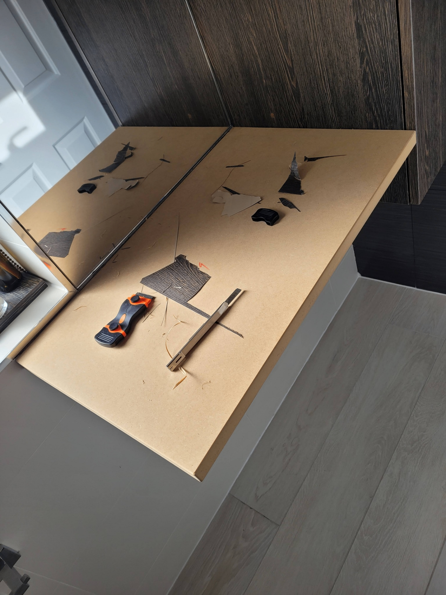 Worktop — dark oak wrap — before